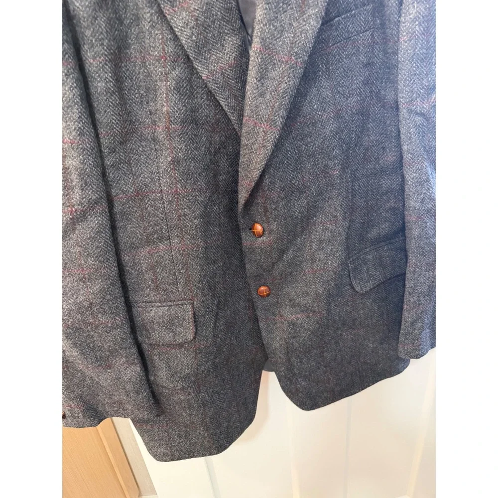 Christopher Brooks Mens 44L Grey Herringbone Wool Windowpane Sport Coat Blazer